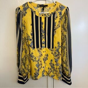 BCBGMaxAzria Yellow and Navy Floral Long Sleeve Blouse Women’s Size Large